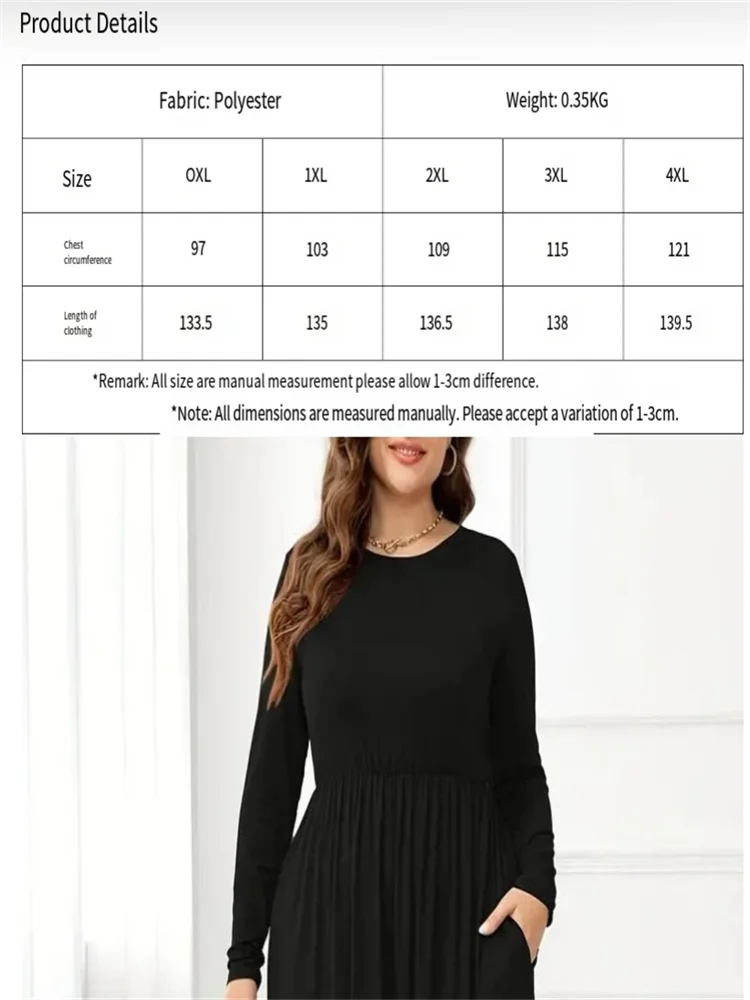 Large size solid-color dress - Cross-border European and American foreign trade independent website casual fitted long-sleeved r