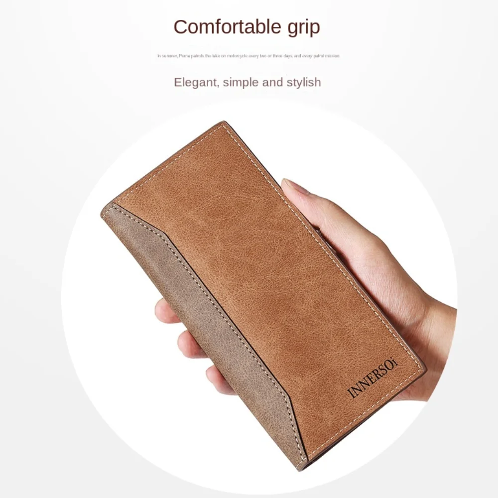 Casual Long Purse Frosted Splicing Wallet PU Leather Multifunction Men's Long Wallet Business Large Bifold Wallet Male