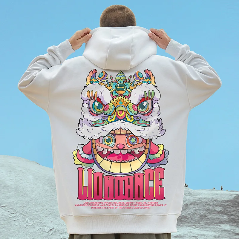 Abfer Winter Hoodie Cartoon Lion Print Fleece Hoodies Sweatshirts Streetwear Men Hip Hop Hoodie Casual Pullover Hooded Male Tops