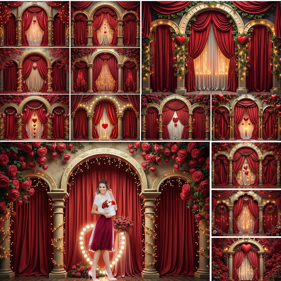 

MOON.QG Valentine's Day Arch Backdrop Photo Studio Red Drapes February 14 Backgrounds Photographs Wallpaper wedding Photobooth