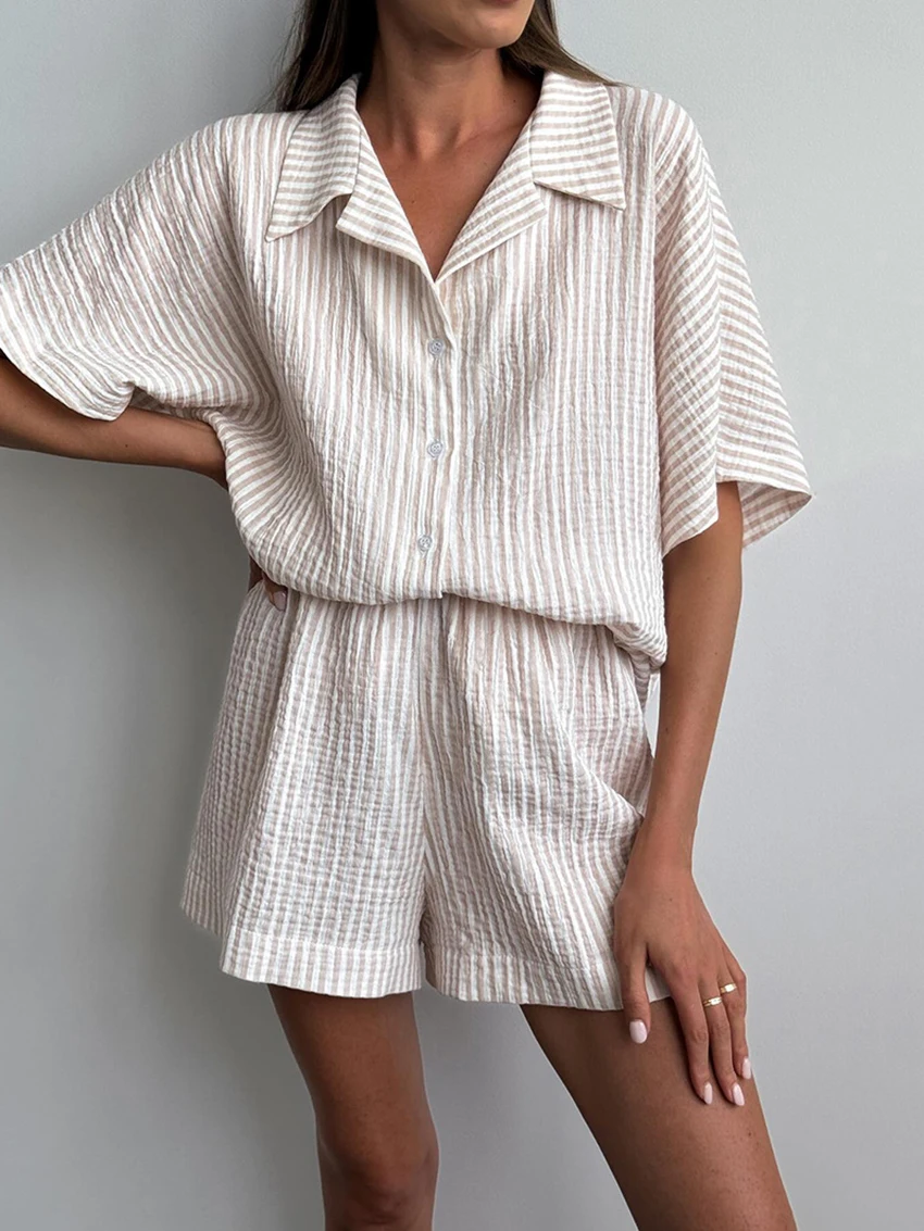 Marthaqiqi Cotton Ladies Pajama Set Half Sleeve Sleepwear Turn-Down Collar Nightgown Shorts Striped Casual Female Nightwear Suit