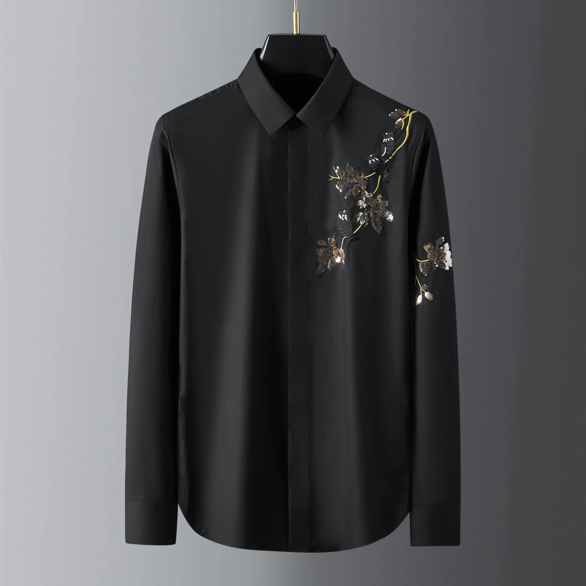 Heavy craftsmanship gold bead flower embroidered bird trend men's long sleeved shirt hot selling item