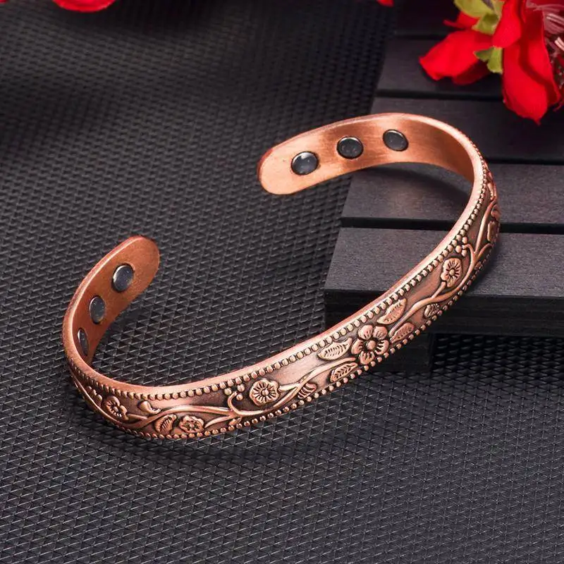 Magnetic Bracelet Retro Flower Ring Bracelet Set Adjustable Men's And Women's Plated Ancient Copper Magnetic Bracelet