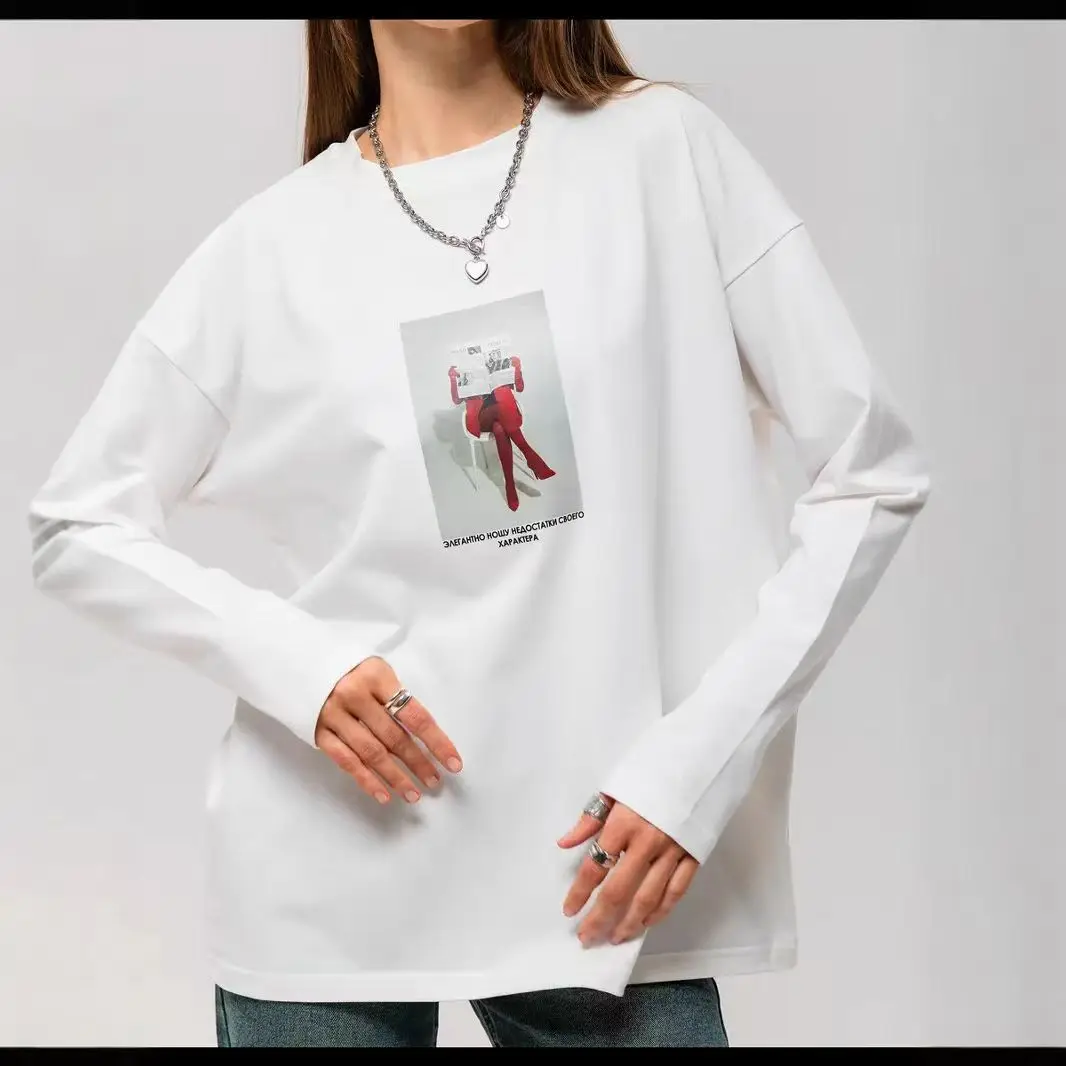 Beautiful Women Reading Newspapers Print Graphic T Shirt Sweatshirt Women Autumn Long Sleeve T Shirt American Style Casual Top