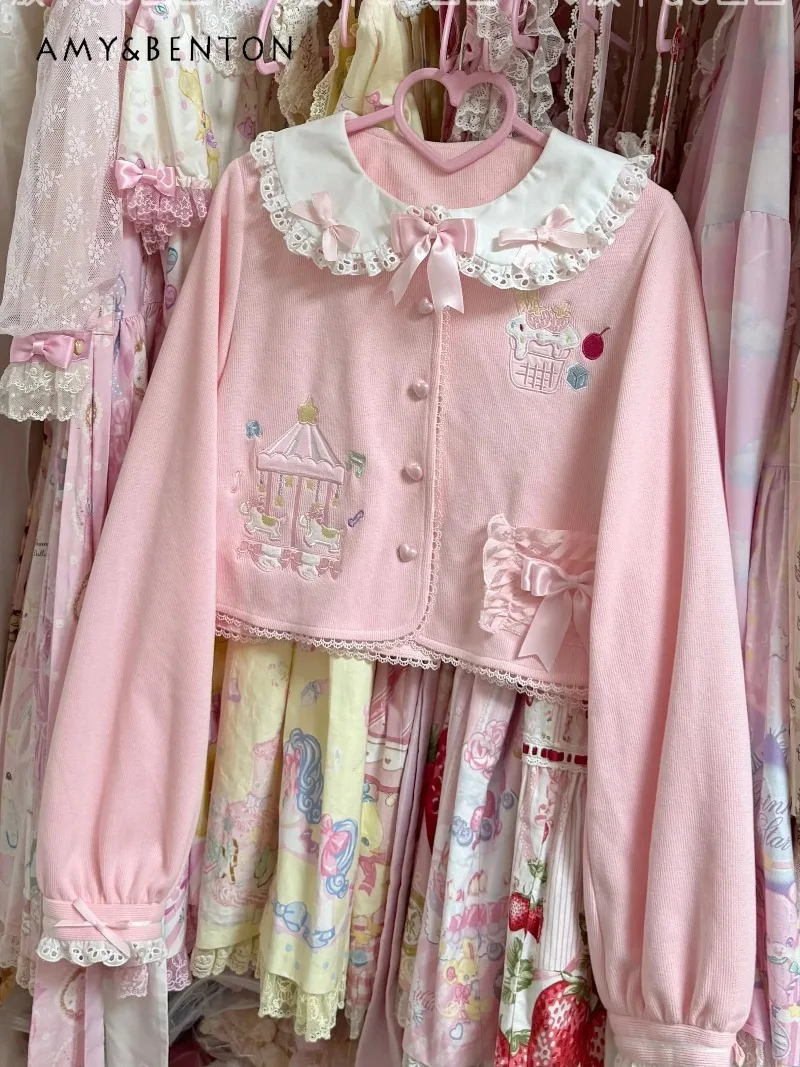 

Sweetheart Girl Pink Versatile Lolita Exquisite Cartoon Embroidery Bow Doll Collar Short Coat Cute Loose Versatile Lolita Coats