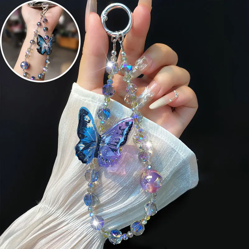 

Luxury Glitter Butterfly Crystal Beaded Phone Bracelet Lanyard Charm For Mobile Phone Case Chain Wrist Strap Anti-Lost Pendant