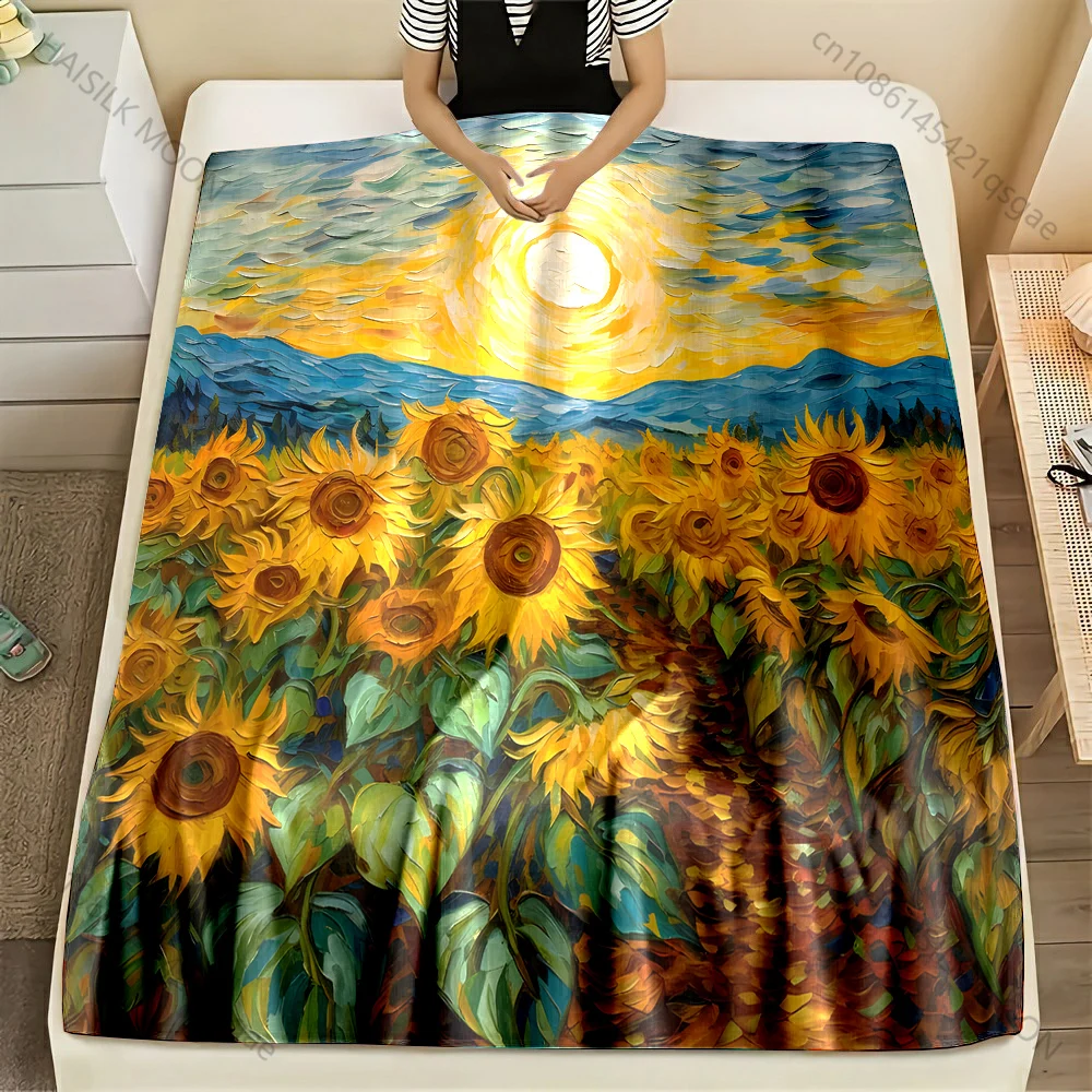Multi-size Vibrant Sunflowers and Sky. Pattern Blanket Flannel Material Soft Warm for All Seasons, Home Outdoor Camping Picnics
