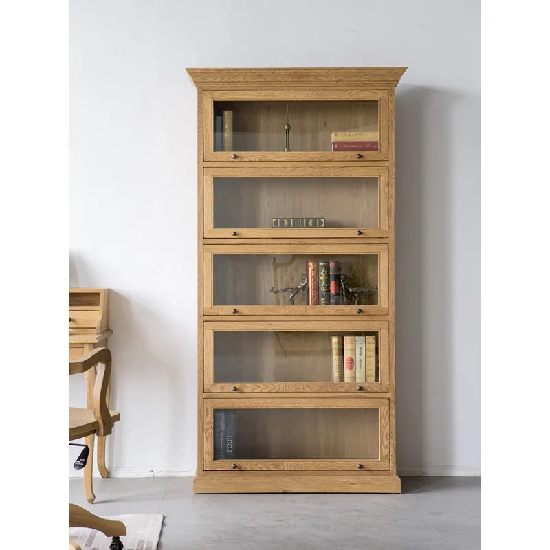 País americano, estilo retro francês móveis de madeira maciça céu e terra bloqueio vidro carvalho estante toda madeira maciça