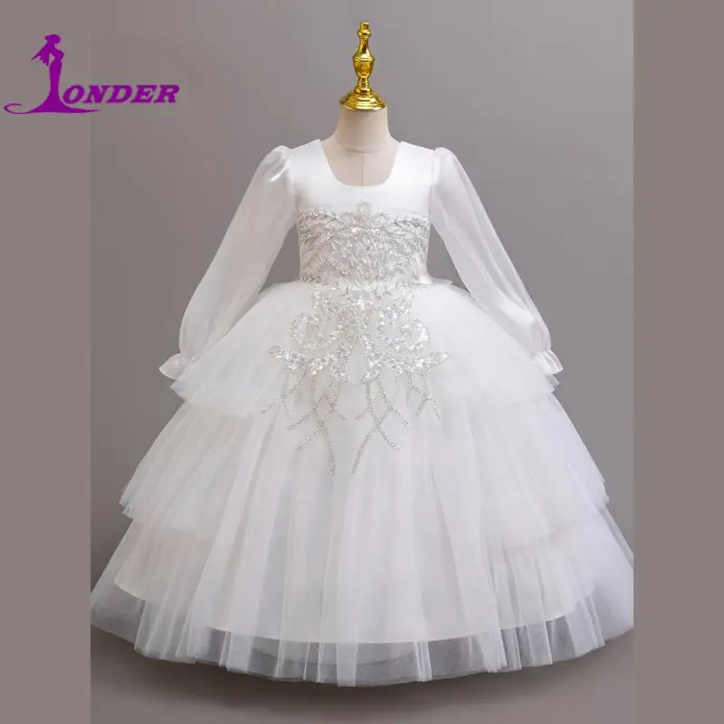 Sonder elegante vestido de dama de honor de encaje para niñas vestidos clásicos de flores con cuello redondo vestido de baile blanco para cumpleaños de niños personalizado