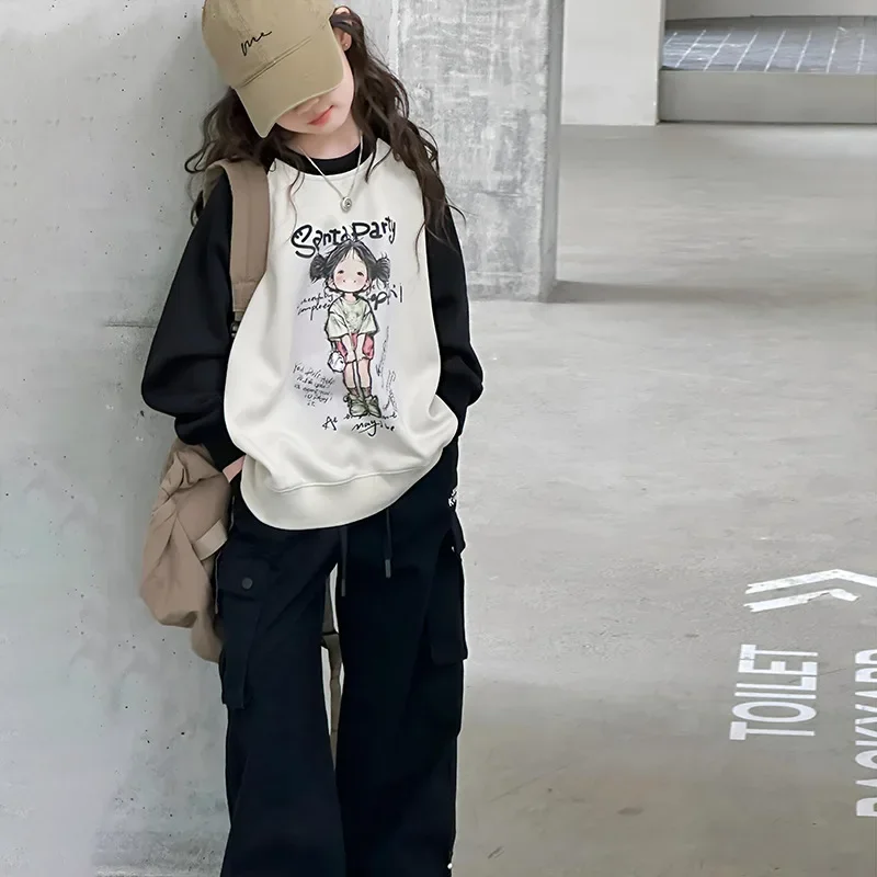 Girls Hoodie 2024 Autumn New Childrens Wear Korean Style Girl Baby Girl Printed Color Matching Round Neck Hoodie Casual Simple image 4