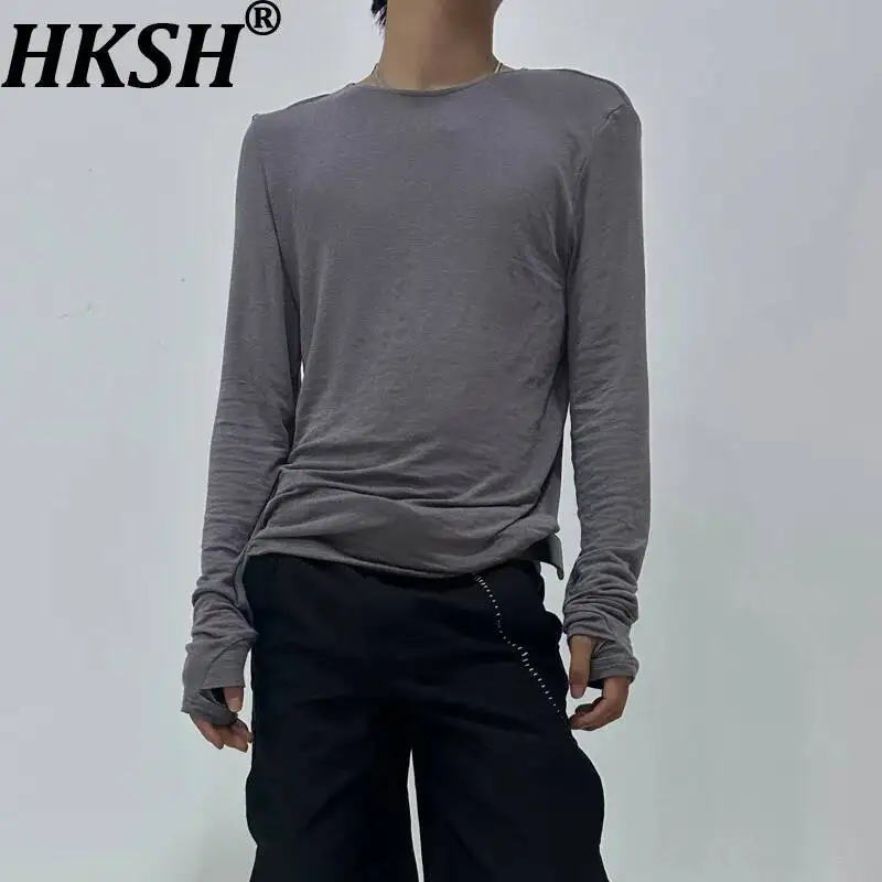 HKSH Spring Autumn New Men Tide Chic Ins Breathable Basic Versatile Linen Blouse Fashion T-shirt Top Punk Vibe Y2K Tees HK25956