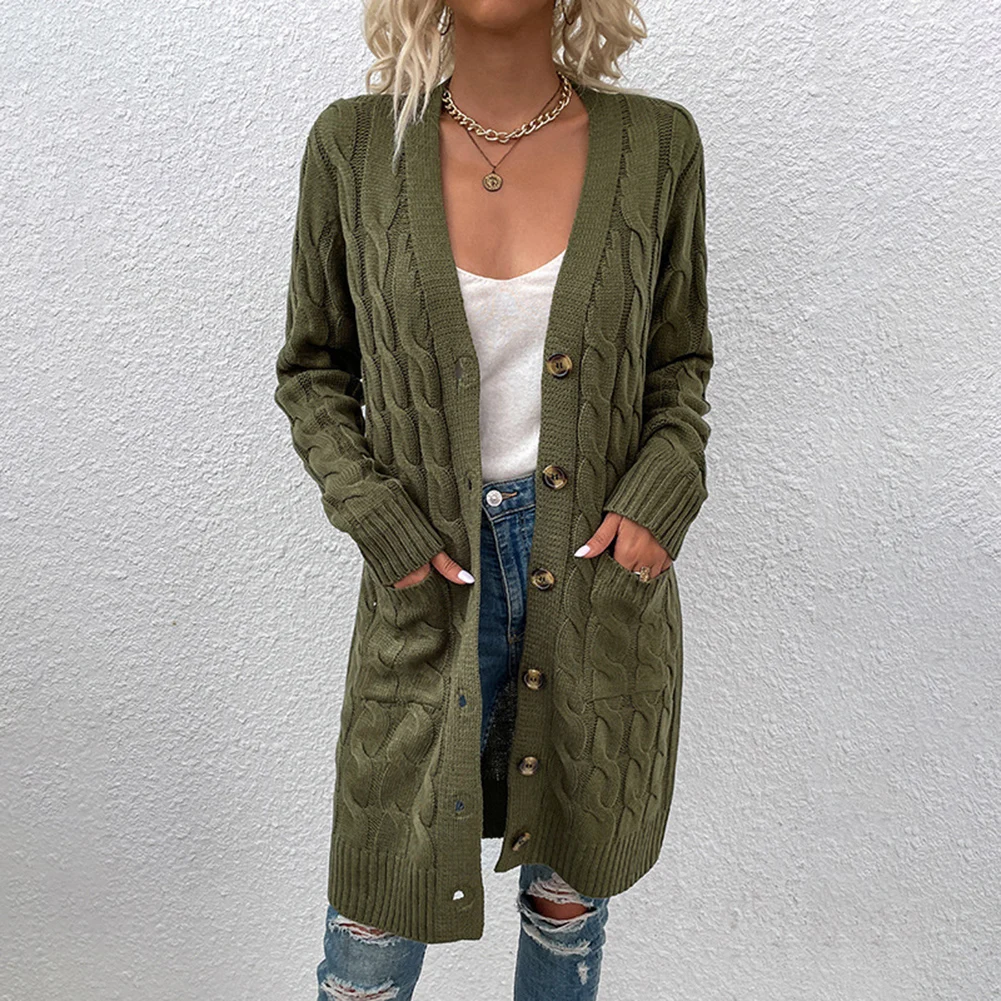 VS&LLWQ Female Cardigan Solid Color Long Sleeve Sweater Knitted Coat With Pockets For Spring Fall Elegant Warm Streetwear S-XL