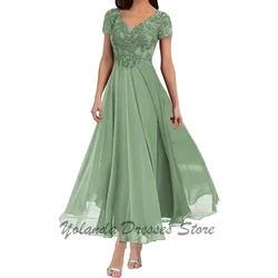 Customized Elegant V Neck Mother of The Bride Dresses Short Sleeves Formal Dress Chiffon Appliques Lace Evening Gown Lace Up