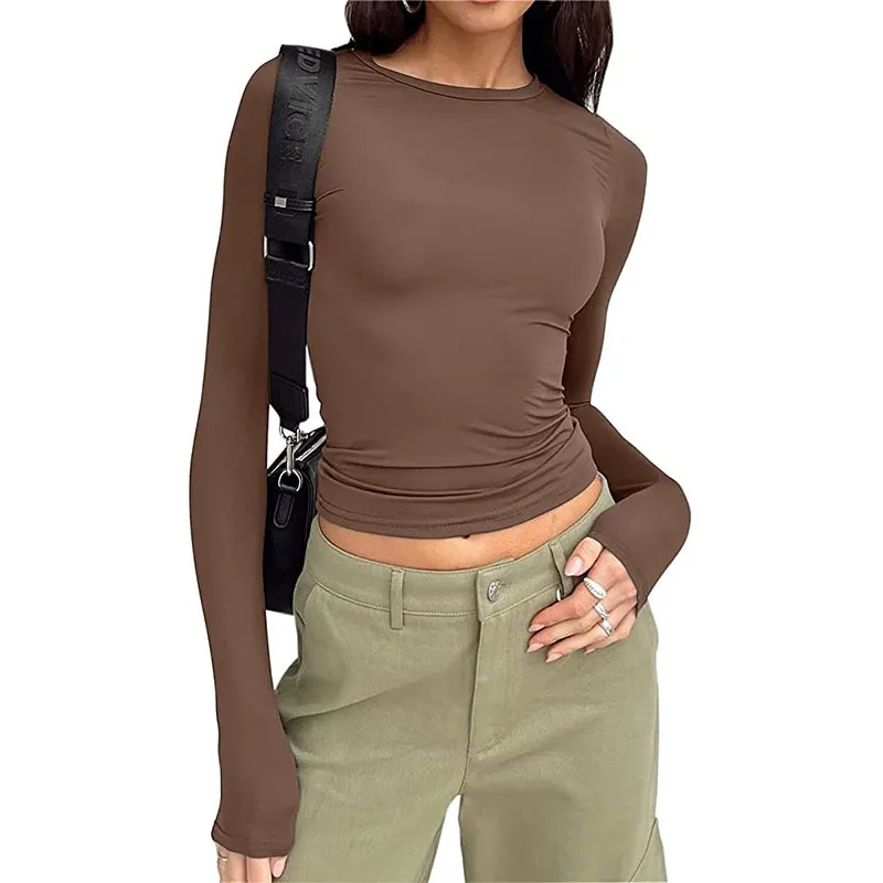Long Sleeve T Shirt Women Autumn Winter Y2k Crop Top Casual Slim Fit Pullovers Solid O Neck T-shirts Streetwear Female Basic Tee