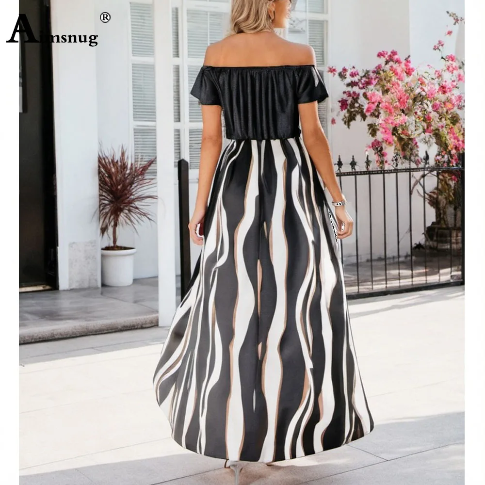 Women Elegant Formal Long Party Evening Dress 2024 New Slash Neck Fashion Stripe Maxi Dresses Sexy High Split Dress Plus Size