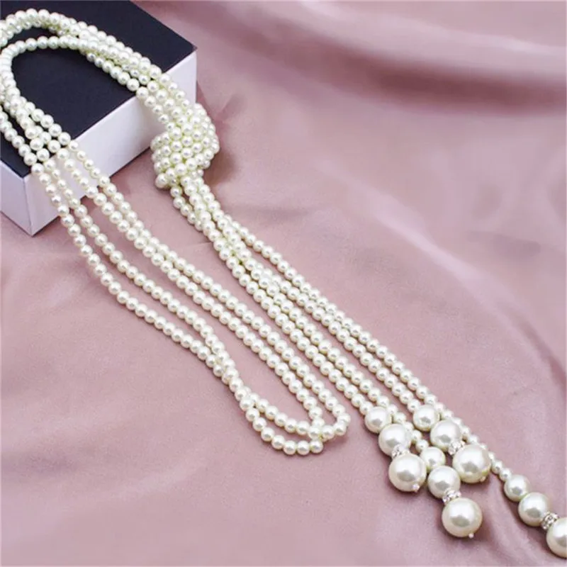 115cm Classic Double Knot Simulated Pearl Tassel Long Necklace Long Knotted Tassel Necklace Female Fashion Sweater Boho Jewelry