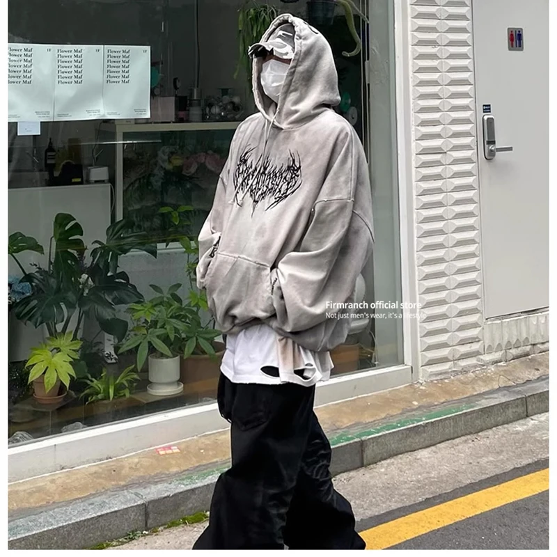 Firmranch Korean Fashion Project Worn Dirty Totem Embroidery Hoodies For Men Women Autumn Hooded Shirt Oversized Sweatshirt