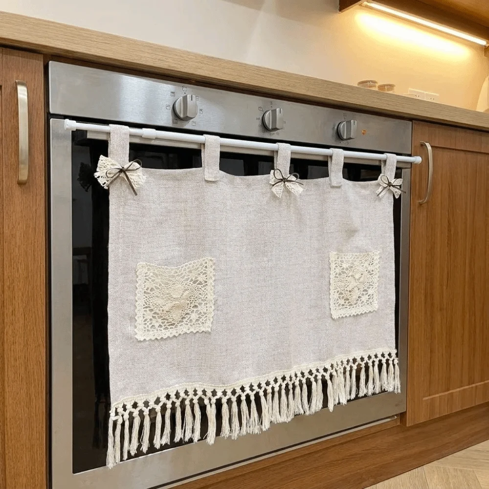 Window Toppers Vintage Oven Cover Curtain Rustic with Pocket Boho Curtain Panel with Tassels Detachable Cabinet Curtain Window