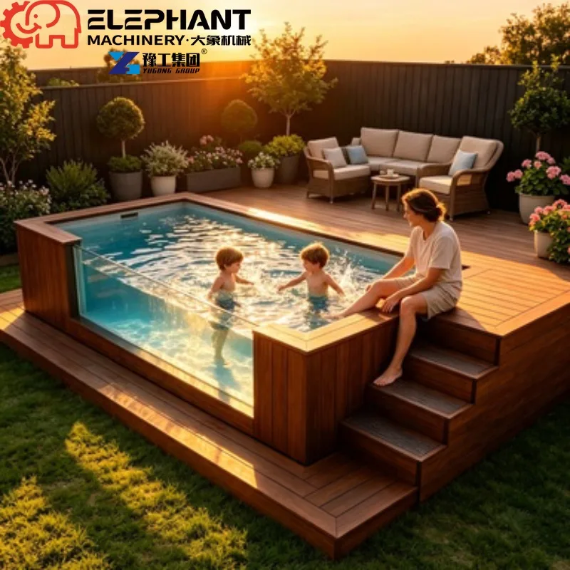 Wooden Container Spa Plunge Pool, Custom 20ft Above Ground Fiberglass Swimming Pool With Mosaic & Acrylic Panel For Garden