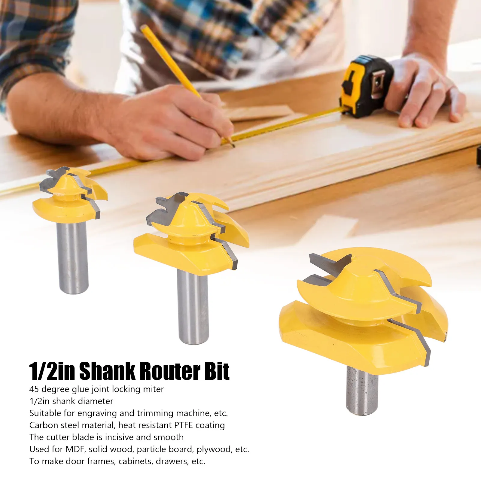 

45° Glue Joint Lock Miter, 3PCS 1/2in Shank Router Bit 45 Degree Glue Joint Lock Miter Woodworking Milling Cutter Kit