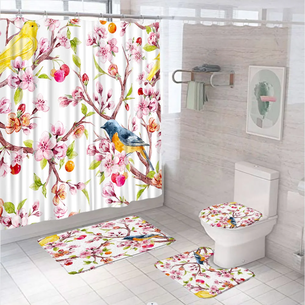 4Pcs Watercolor Pink Cherry Blossoms Bird Shower Curtain Set Spring Floral Flower Bath Mat Carpet Toilet Rug Bathroom Decor Home