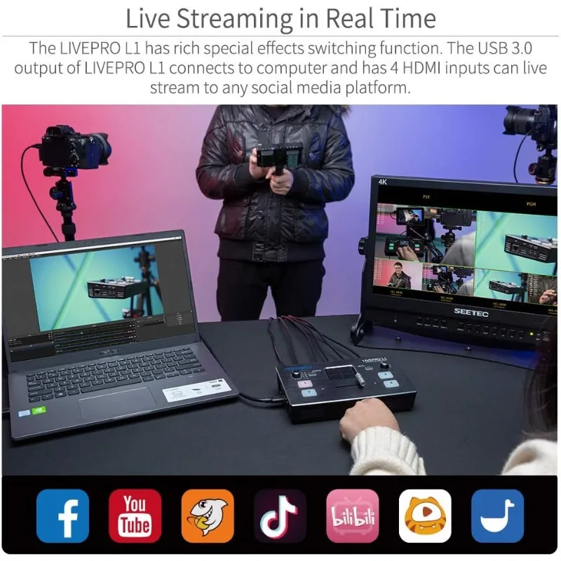 Livepro l1 4 x entradas multiformato misturador de vídeo switcher usb 3.0 saída streaming ao vivo em tempo real produção multi câmera