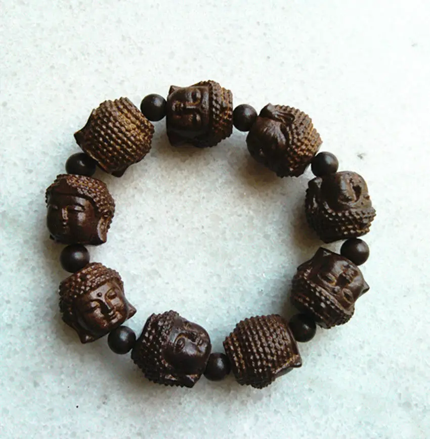 

Natural Wood Bracelet 20MM Chinese Handcarved with Buddha Head Beads Jewelry Unisex Adjustable Spiritual Healing Accessory
