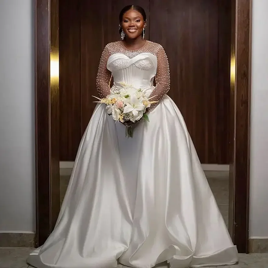Customized Plus Size Mermaid Dress Bride Detachable Train Bridal Illusion Long Sleeves Pearls Satin Wedding Gowns For Africa