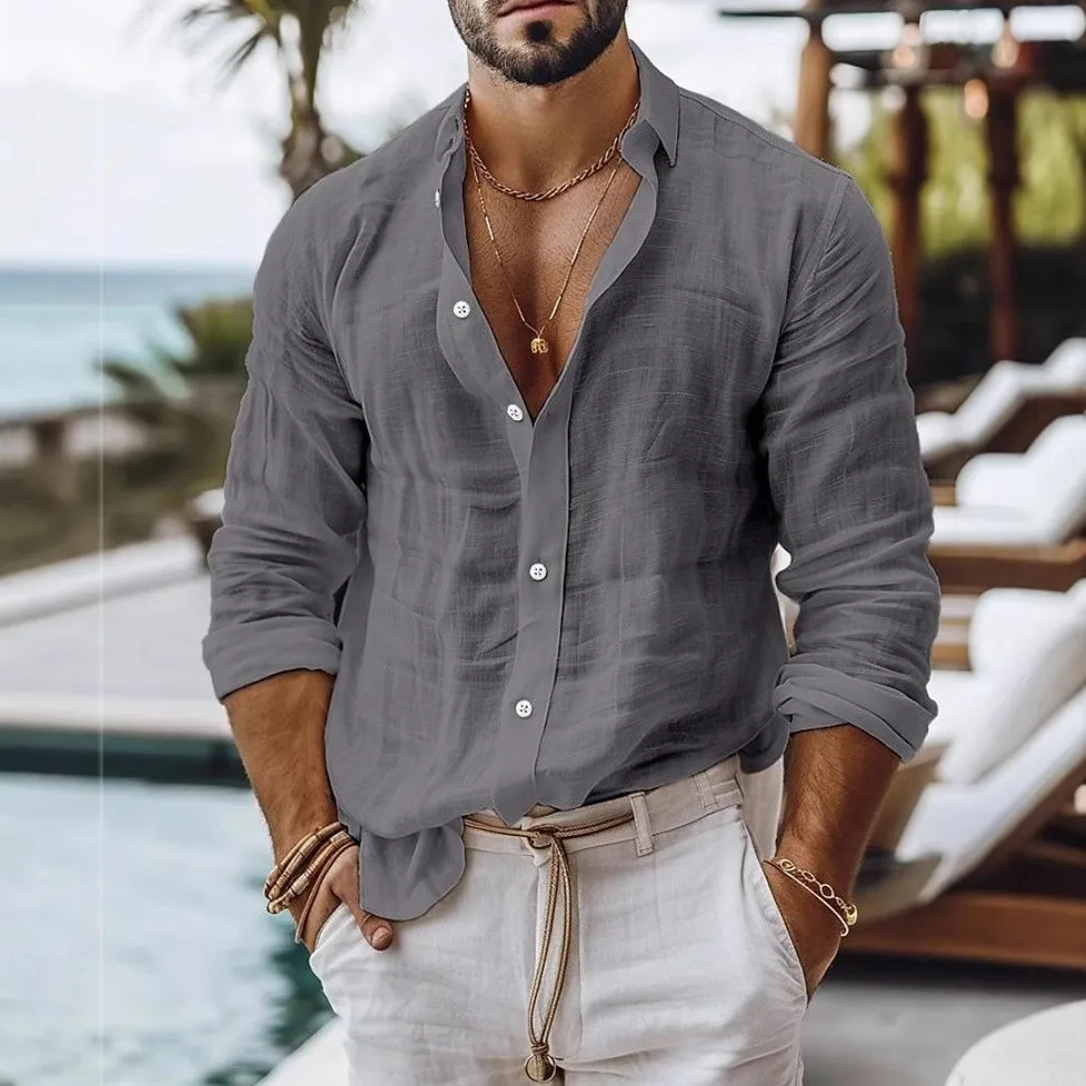 Casual Long Sleeve Shirt Fitted British with Regular Thickness Patchwork Spring Fitted Cut Notched Collar Pullover Men Shirts
