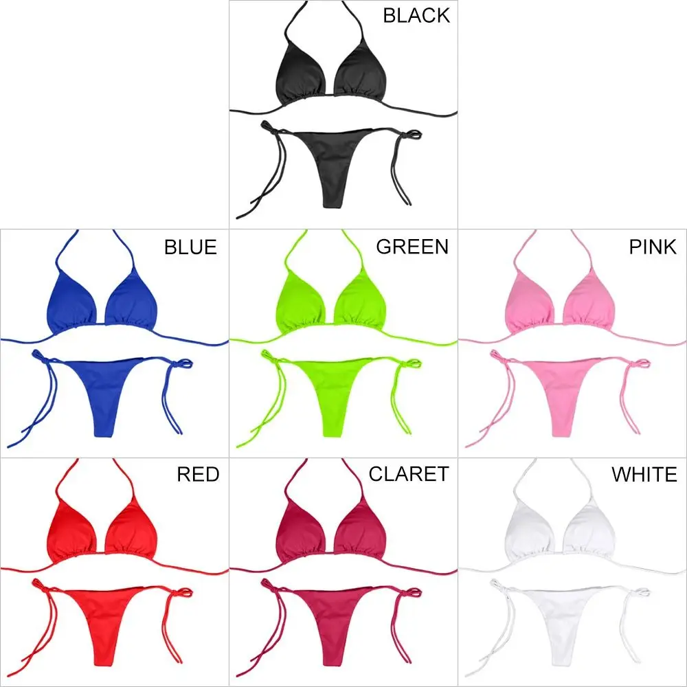 Solid Color Adjustable Sexy Split G-string Thong Backless Brazlian Swimwear Swimsuit Bathing Suit Bikini Set