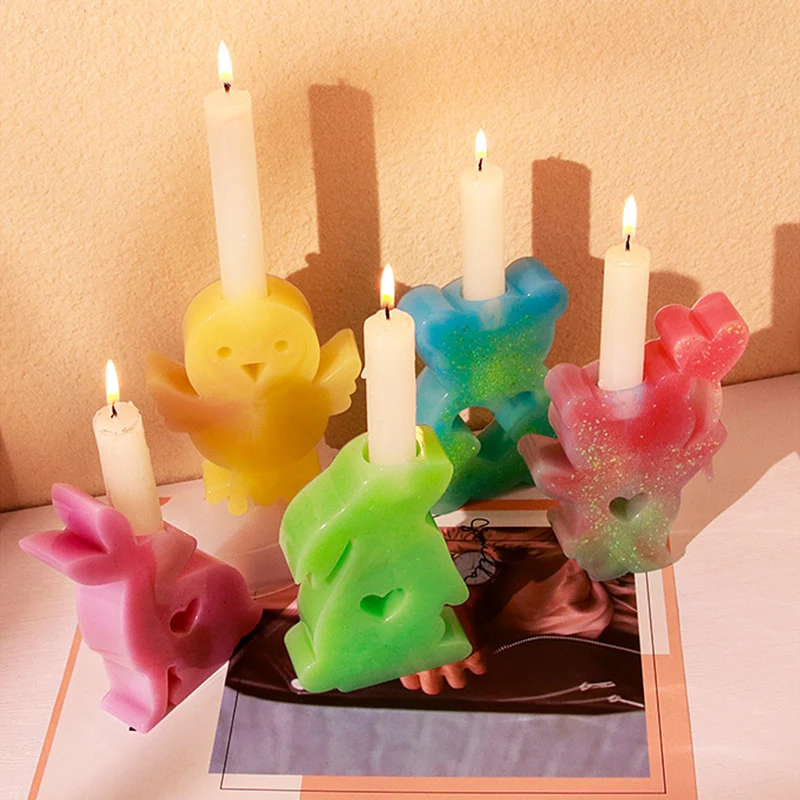 Animal Shape Silicone Candle Mould Concrete Molds Chicken Rabbit Candlestick Mold Resin Concrete Candle Holder Moulds Home Decor