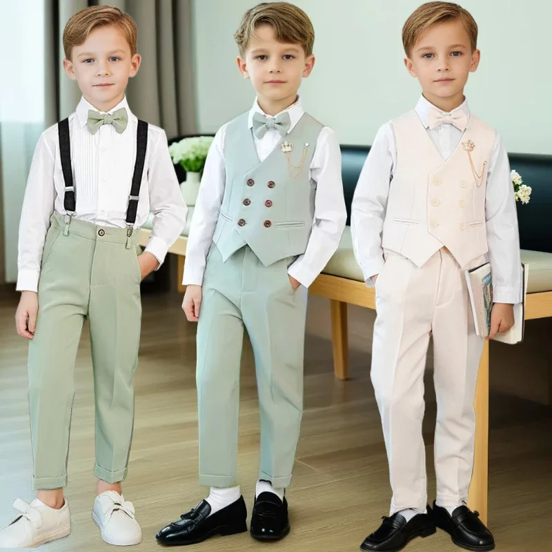 Kids Host Performance Vest Blazer Set 2026 Spring White Elegance Formal Page Boys Wedding Suit Teen Kids Birthday Evening Tuxedo