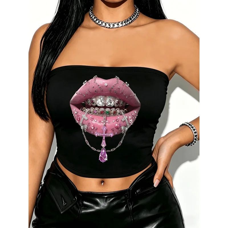 Pink Lips Diamond Grillz Cross Gem Chain Print Tube Top Women Y2K Hip Hop Strapless Cropped Bandeau Top