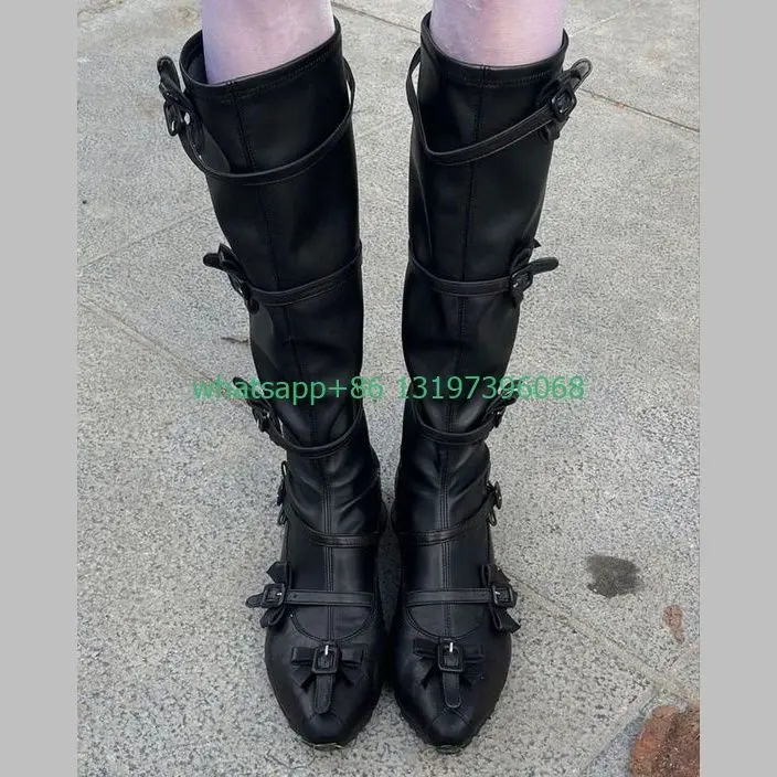 Lady buckle strap black Gothic style knee boots shape heel design punk calf boots muti-buckle strap Mary janes boots size 35-46