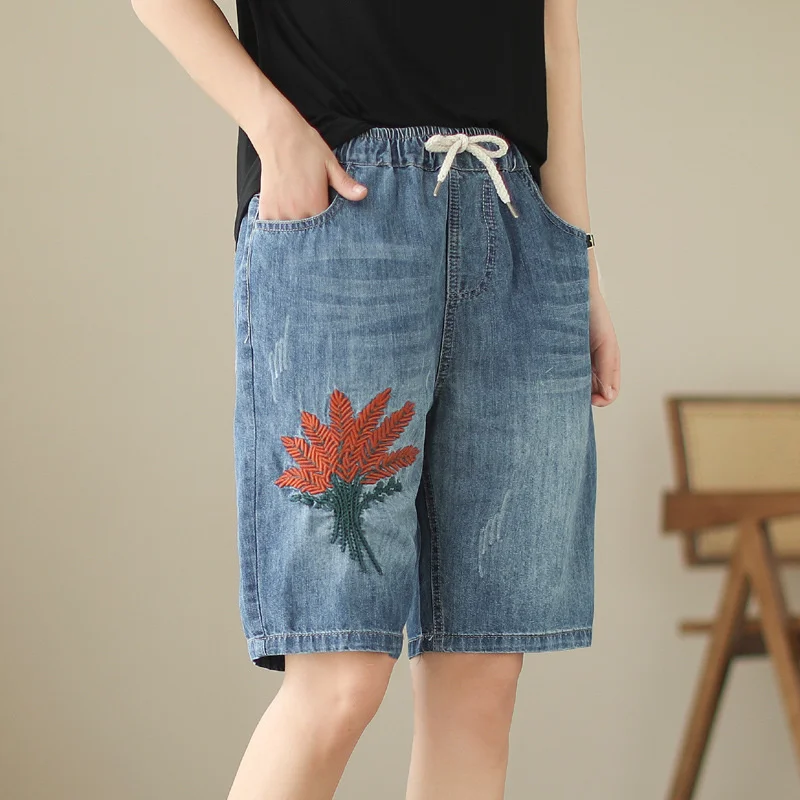 

Summer New Arts StyleEmbroidered Jeans Women's Denim Capris Casual Lace Up High Waist Baggy Pants Vintage Ripped Shorts Trousers