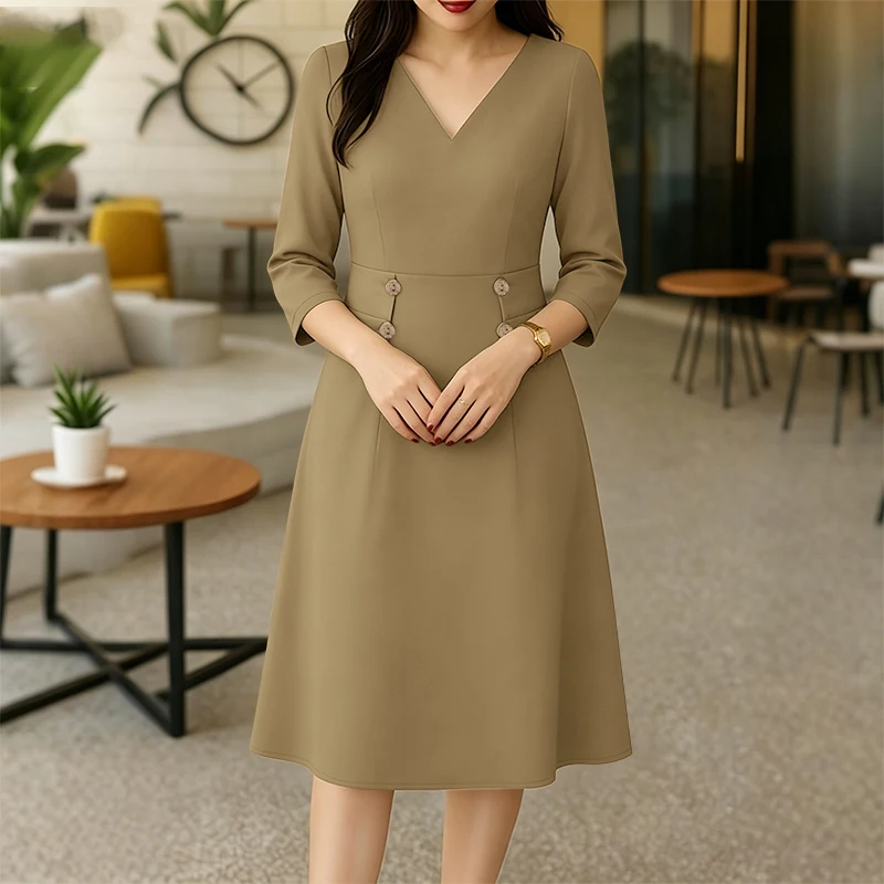 

ZANZEA 2026 Летнее платье А-силуэта, стильное, элегантное, с V-образным вырезом, рукавом 3/4, для работы, однотонное, миди, сарафан, с завышенной талией, Vestidos