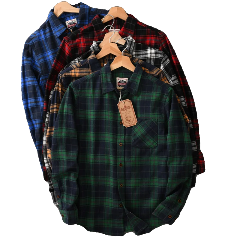 Autumn New American Retro Long-Sleeve Lapel Brushed Fabric Plaid Shirt Men\'s Fashion 100% Cotton Washed Loose Casual Blouses