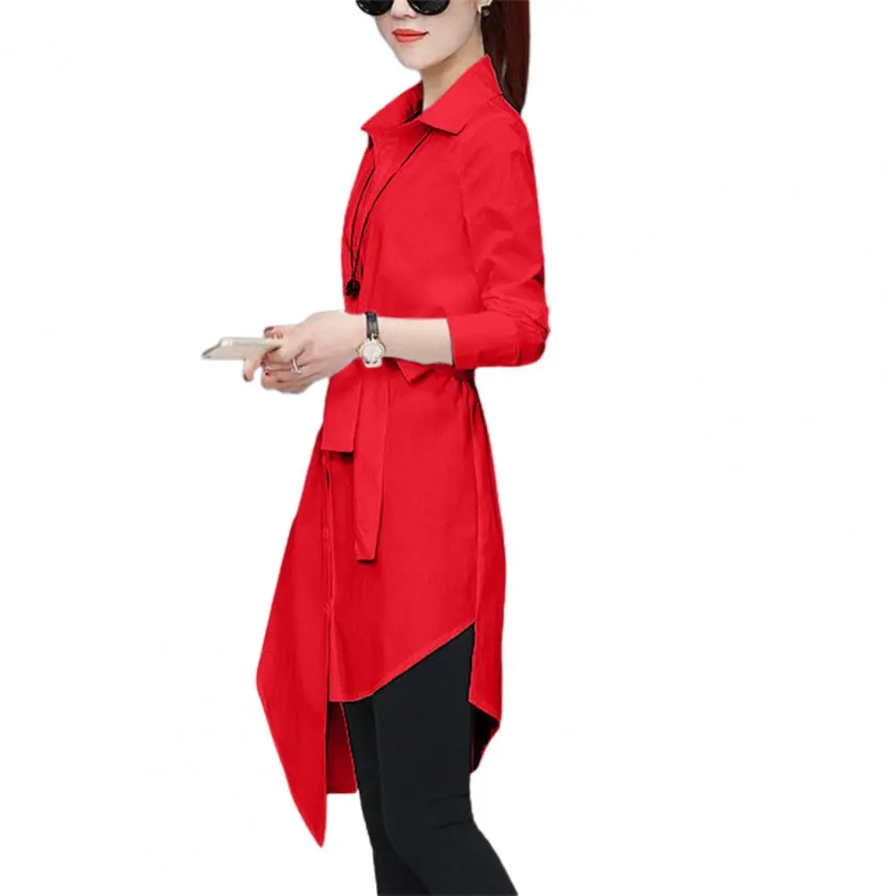 Winter Women Shirt Long Sleeve Loose Mild-length Dressing Up Irregular Tied Belts Shirt