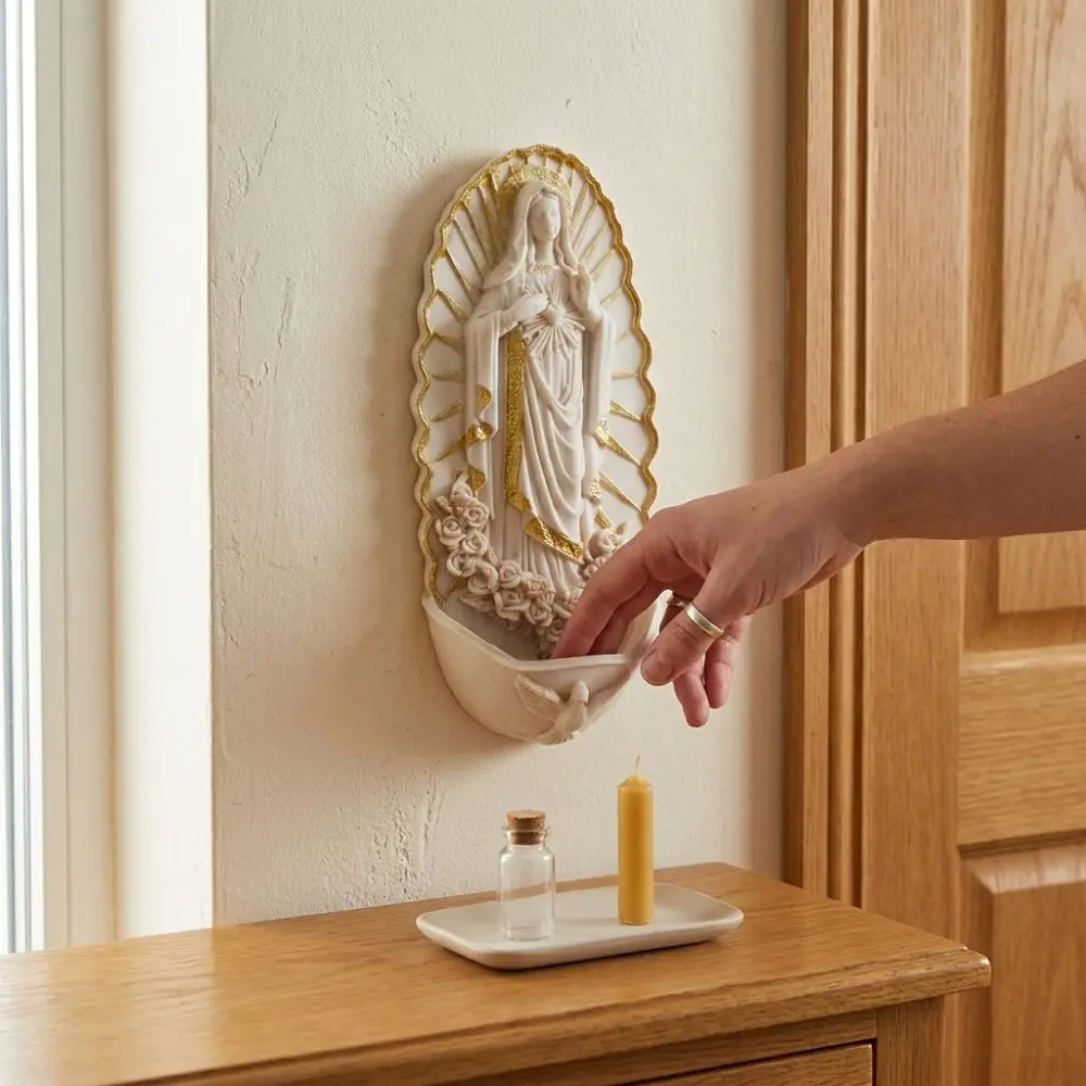 Religious Virgin Mary Holy Water Font Catholic Wall Mounted Holy Water Dispenser Rose Carvings Resin Figurine