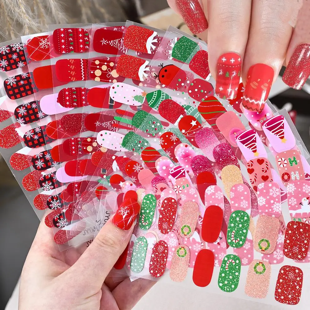 16Tips Baking-Free Glitter Christmas Nail Stickers Cute Snowflakes Elk Snowman Gel Nail Wrap Self-adhesive Full Xmas Nail Decals