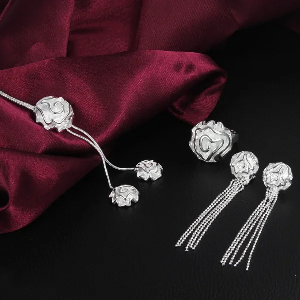 Fine 925 sterling Silver Pretty rose flower necklace earrings rings for women Jewelry set fashion Party wedding accessories gift