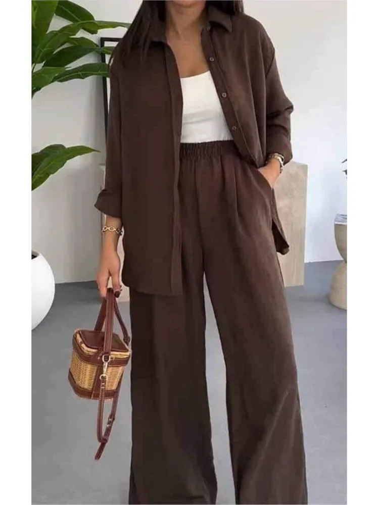 

Spring Autumn Solid Color Loose Two Piece Sets Women Long Sleeve Shirt + Wide Leg Pants Outfit Sexy Lapel Button Casual Suit