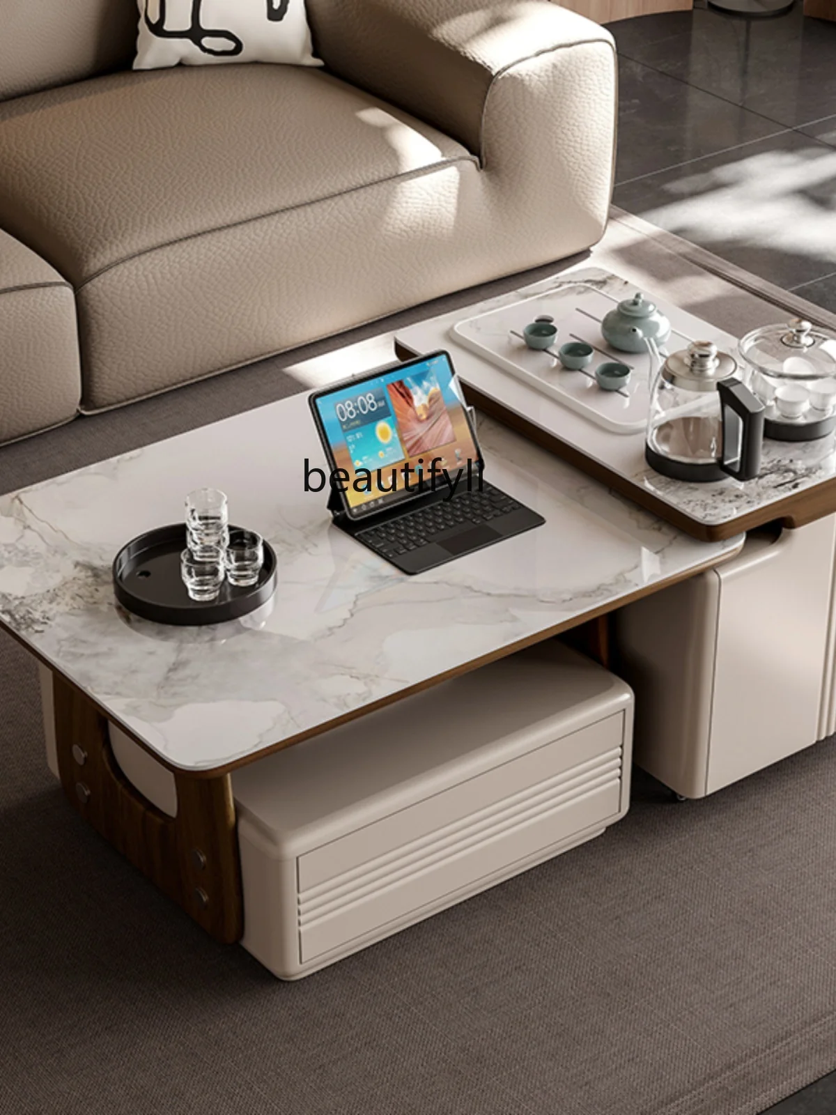 Light luxury rock slab tea table, kettle integrated living room, household tea table, multi-functional tea table