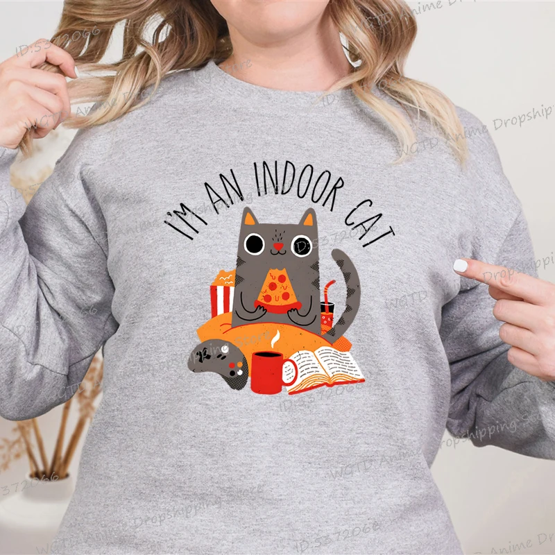 I'm An Indoor Cat Sweater Women Cats Owner Kawaii Print Sweatshirt Cats Lover Gift Cat Sitting and Eating Pizza Hoodie for Women