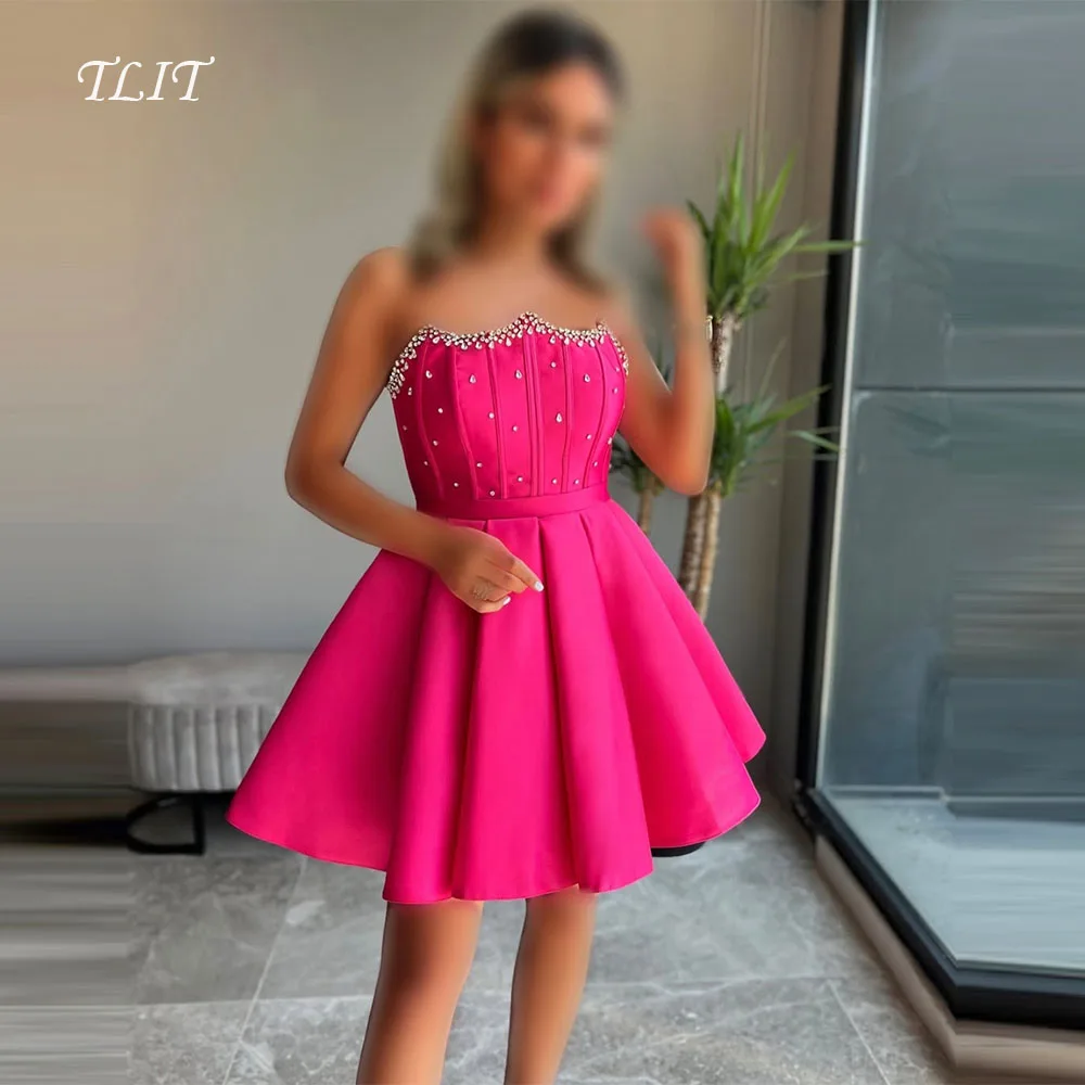 

TLIT Elegant Silk Satin Short A-Line Evening Gown Dresses Strapless Prom Gowns Appliques Crystals Customized Formal Party