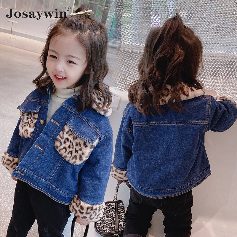 

Winter Denim Jacket Girl Velvet Thick Toddler Girl Baby Outerwear Patchwork Leopard Jeans Jacket Cotton Kid Girl Parka Children