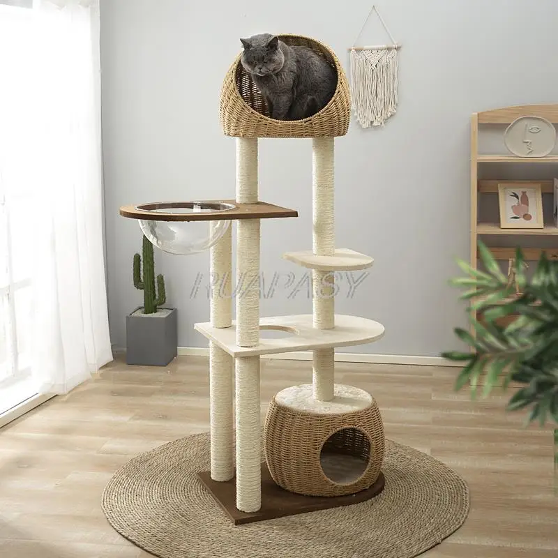 Multi-Level Rattan Cat Climbing Shelf Cat Tree Villa Post Condo Cat Tree Shelf Scratching Post Jumping Platform Perch Nest Tower