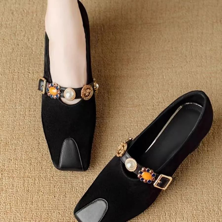 Chaussures d'extérieur à talons bas et bouche peu profonde pour femmes, bout rond, visage doux, rétro, résistantes à l'usure, nouvelle collection printemps et automne 2025