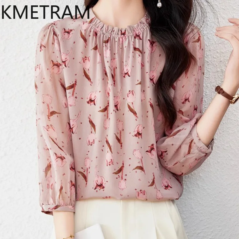

KMETRAM 100% Mulberry Silk Blouse Woman Floral Elegant Tops for Woman Clothes Fashion Shirts Woman Summer Tops 2025 High Quality