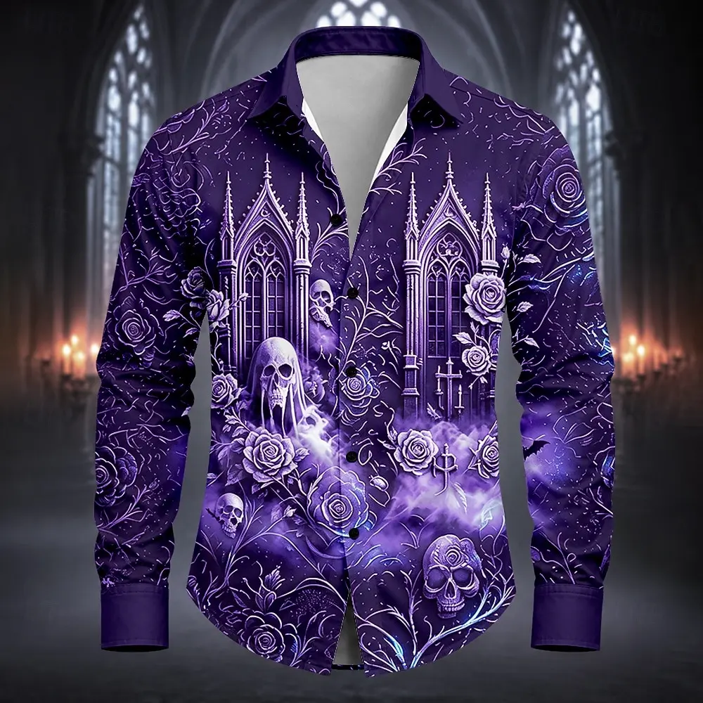 2026 New Men's Long Sleeve Shirt Gothic Skull Rose Church Print Halloween Party Cosplay Button Down Casual Tops Men Clothing